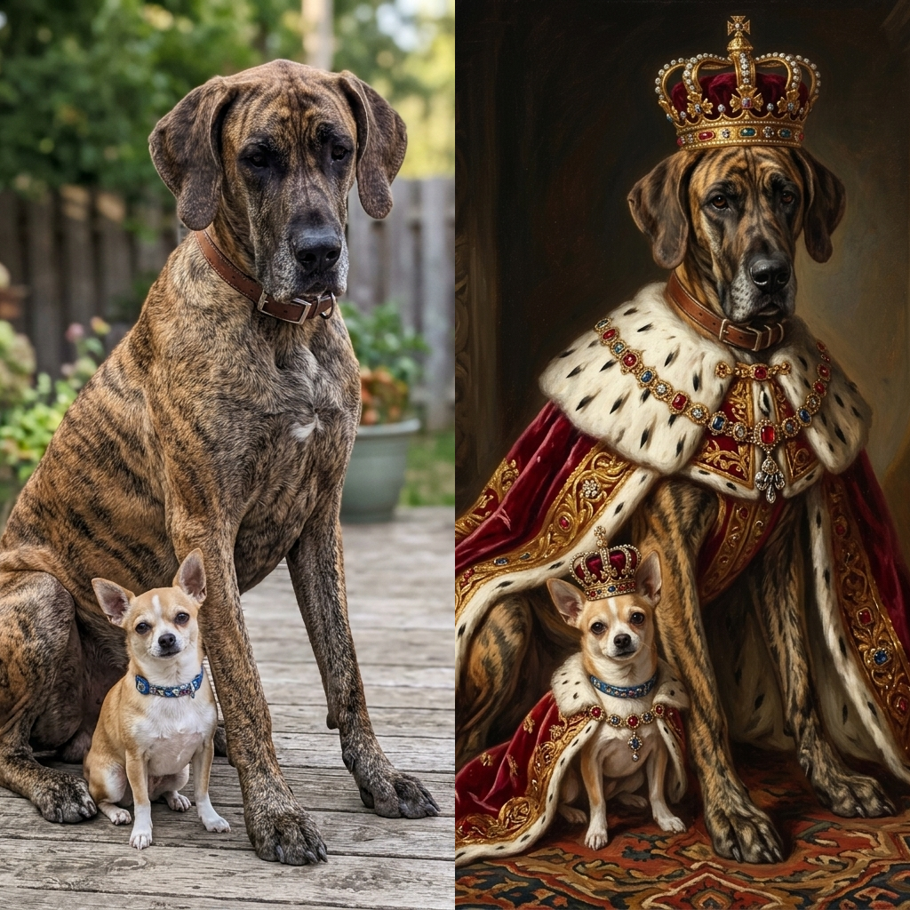 Before and after: a snapshot of a great dane and a chihuahua on a couch becomes a royal coronation portrait of the pair in crowns and robes