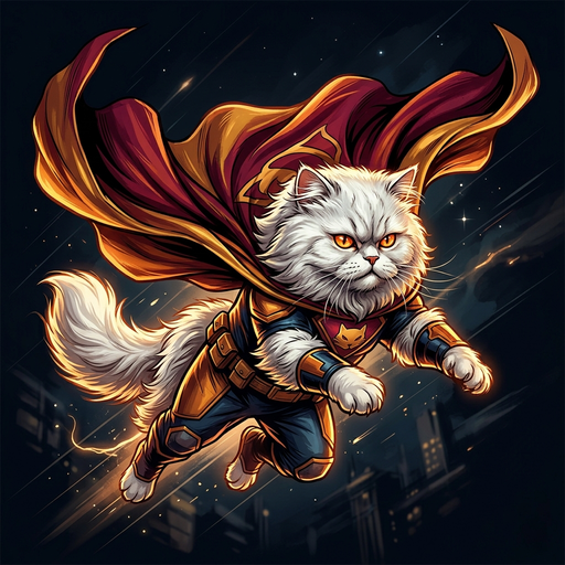 Sir Fluffington in the Superhero style: caped comic-book hero portrait